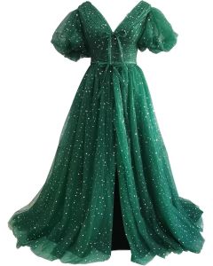 Basgute Womens Sparkle Starry Tulle Puffy Sleeve 