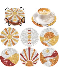 6 Pcs Boho Diamond Painting Coasters with Holder D